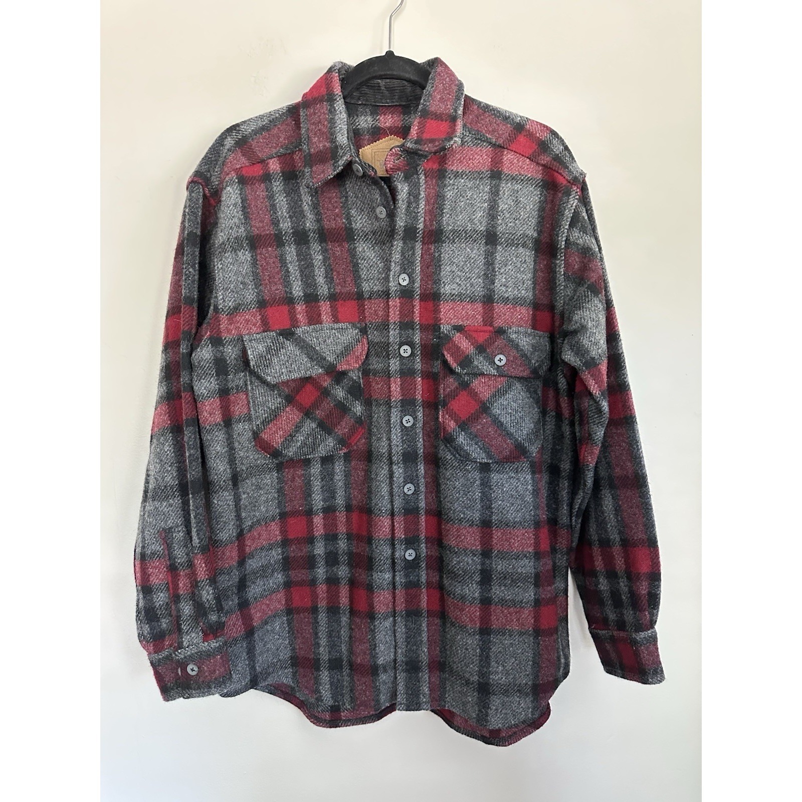 Woolrich Red Gray Plaid Button Wool Blend Shirt Jacket Shacket Medium Made Usa